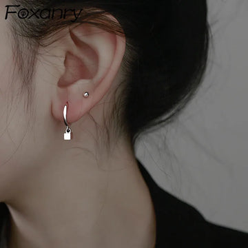 FOXANRY Prevent Allergy Silver Color Hoop Earrings 2021 Trendy Simple Solid Geometric Pendant Party Jewelry Ears Buckle