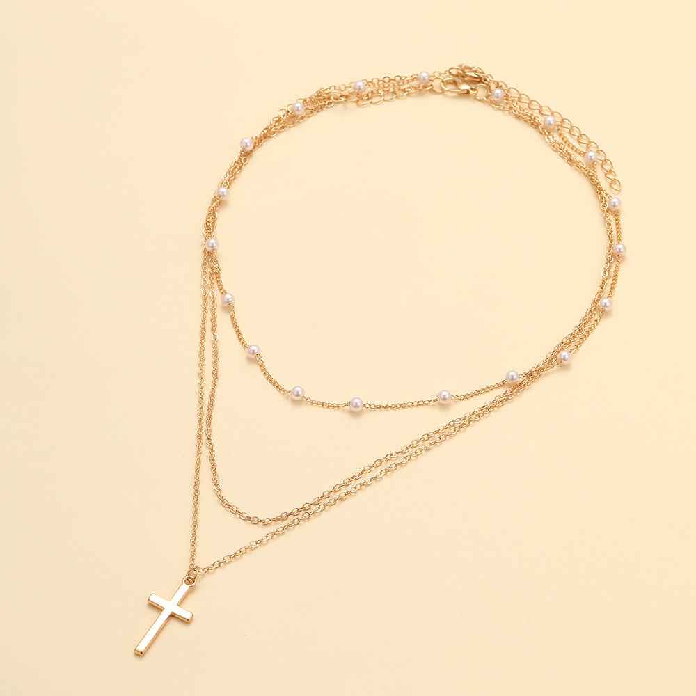 Cross Pendant Necklace Artificial Short Pearl Necklace Cross Pendant Retro Multi-Layer Twin Necklace