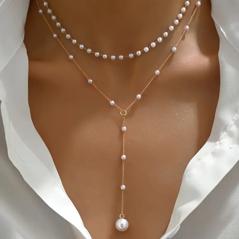 Korean Imitation Pearl Double Layered Choker Fashion Big Ball Bead Pendant Tassel Necklace Women's Sexy Front Chest Body Jewelry