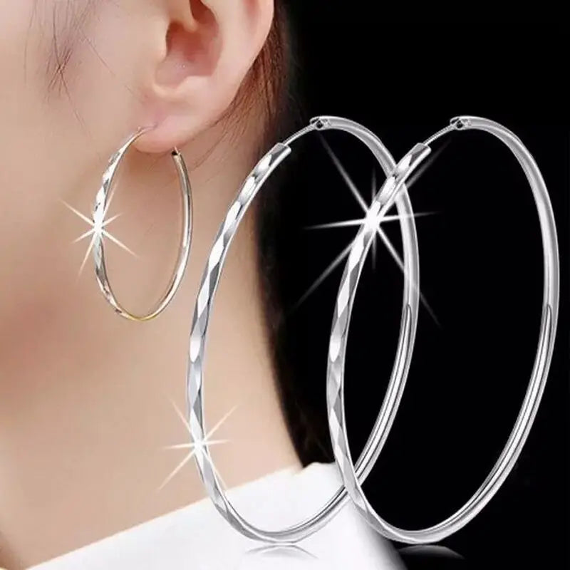 Fine 925 Sterling Silver Luxury 5CM Big Circle Hoop Earrings for Women Charms Original Designer Party Wedding Jewelry Gifts