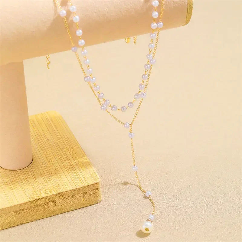 Golden Plated Layered Necklace for Women Imitation Pearl Long Chain Drop Pendant Choker Necklaces Fashion Jewelry Gifts