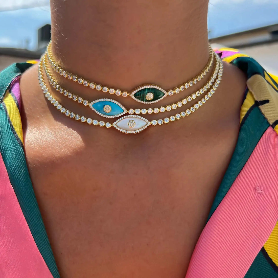 Turkey Luxury Sparkling Rhinestone Clavicle Necklace Evil Eye Opal Turquoise Zircon Choker Goth Aesthetic Jewelry Stylish Bijoux