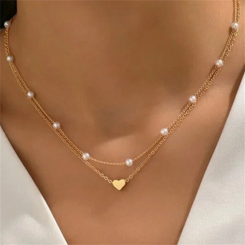 Simple Pearl Double Layer Choker Fashion Gold Color Necklaces Chain Small Love Heart Pendant Necklace Jewelry Gifts for Women