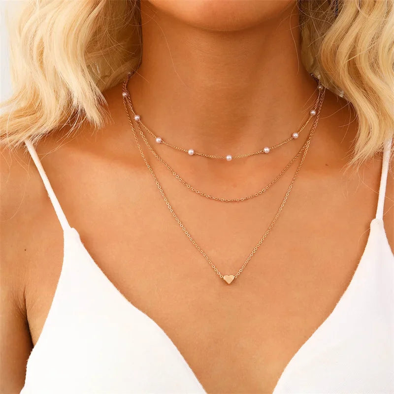 Simple Imitation Pearl Choker Necklaces for Women Fashion Multilayer Chain Small Love Heart Pendant Necklace Jewelry Gifts