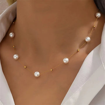 Simple Pearl Beads Chic Exquisite Necklace Gold Color Thin Chain Minimalist Charm Collar Jewelry Women