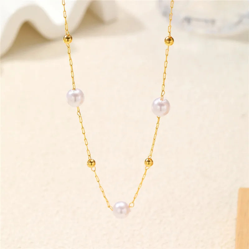 Simple Pearl Beads Chic Exquisite Necklace Gold Color Thin Chain Minimalist Charm Collar Jewelry Women